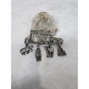 JJ Jonette Noahs Ark Brooch Pewter Tone Dangling Animal Charms Vintage Pin